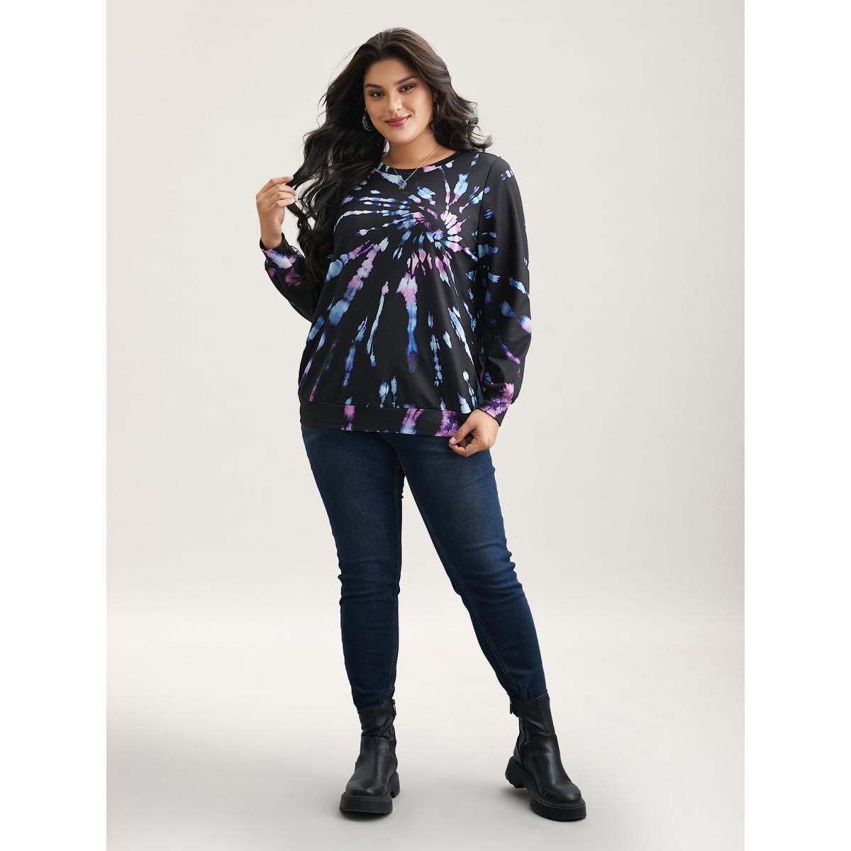 Plus Size Tie-Dye Stretchy Crew Neck Sweatshirt Women Black Casual Contrast Round Neck Everyday Sweatshirts BloomChic 10/M Product Image