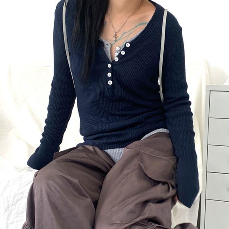 Long Sleeve V-Neck Mock Two Piece Tee Product Image