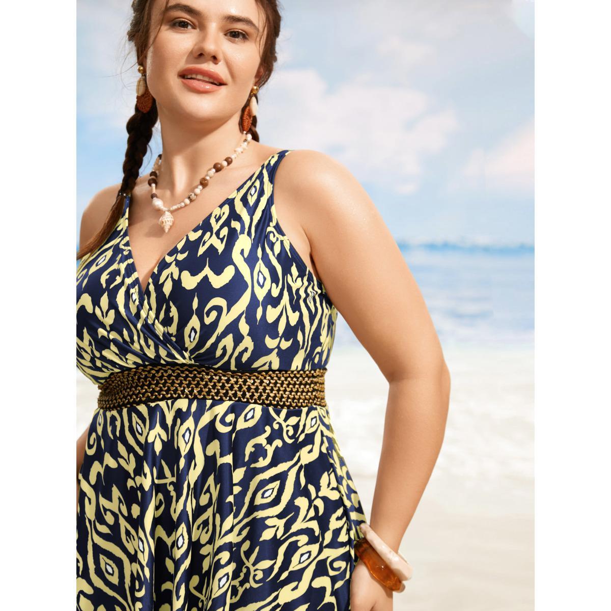 Plus Size Boho Print Overlap Collar Woven Ribbon Swim Dress Women's Swimwear Indigo Beach Bodycon Overlap Collar High stretch Curve Swim Dresses BloomChic 28/5X Product Image