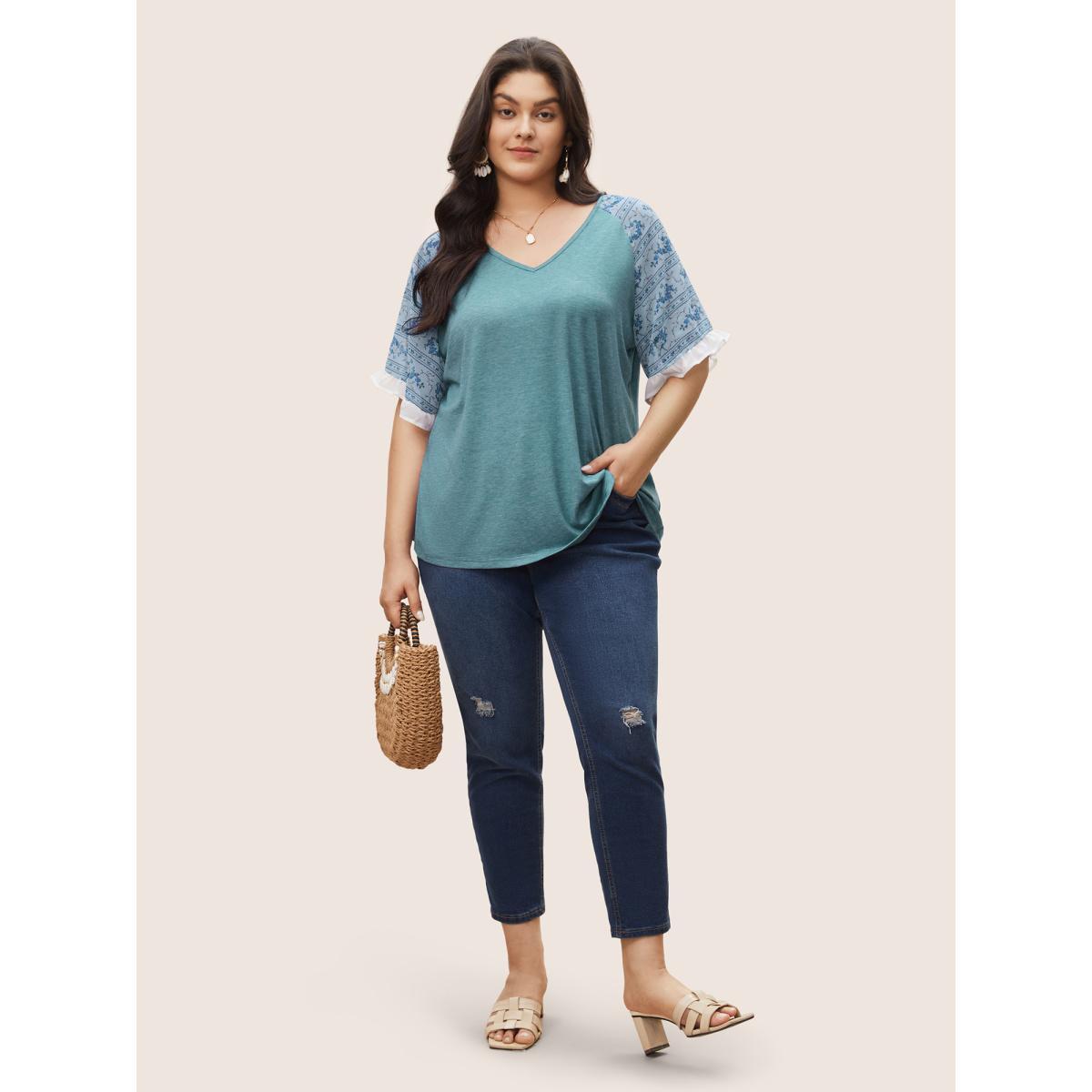 Plus Size Ditsy Floral Patchwork Frill Trim Raglan Sleeve T-shirt Cerulean Women Elegant Contrast Ditsy Floral V-neck Everyday T-shirts BloomChic 26/4X Product Image