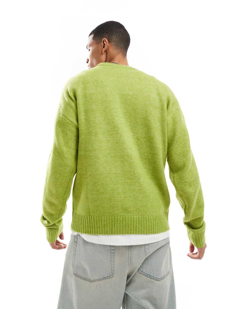 Jack & Jones oversized fluffy crew neck sweater in lime green Product Image