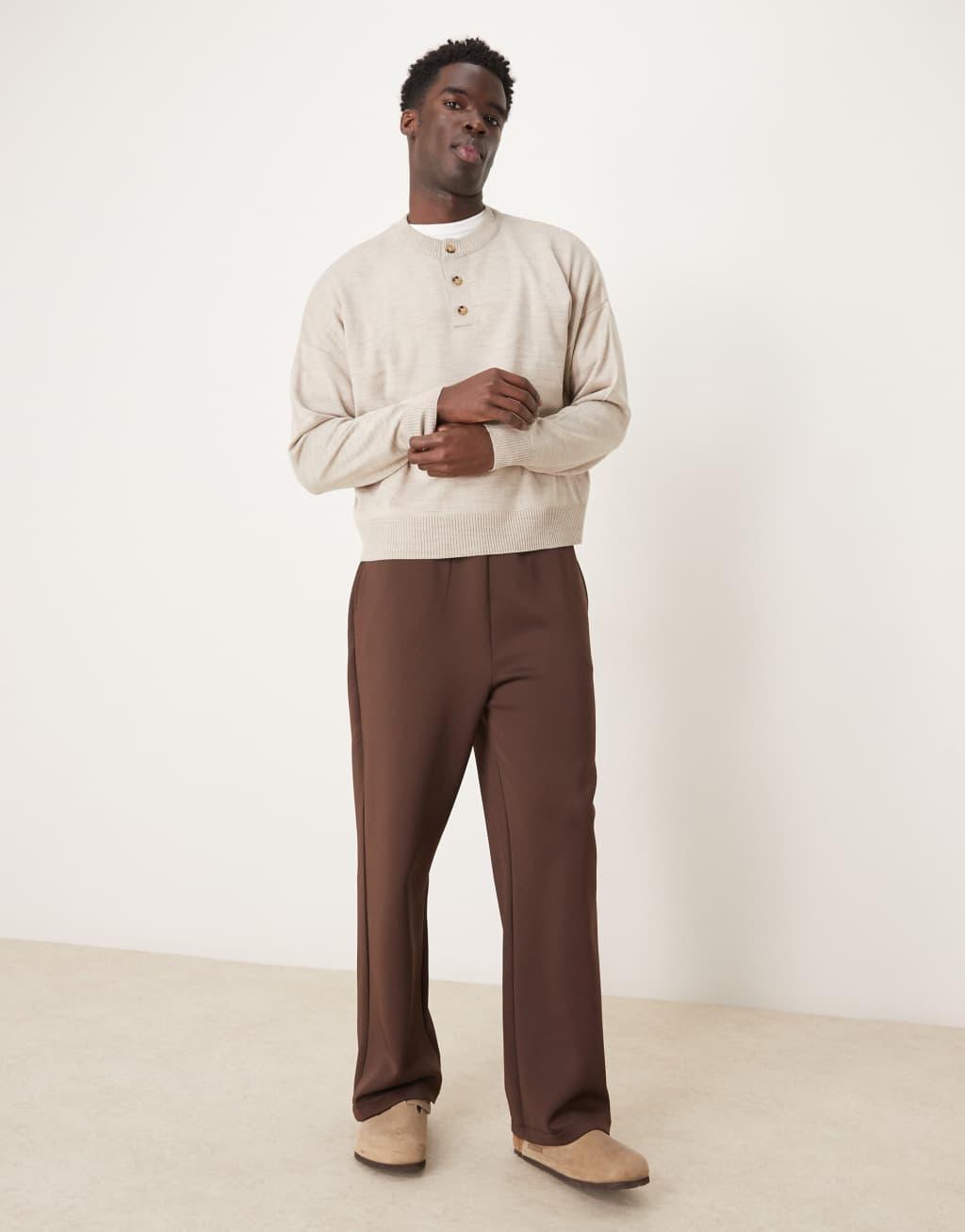 ASOS DESIGN oversized boxy fit knit henley neck sweater in stone Product Image