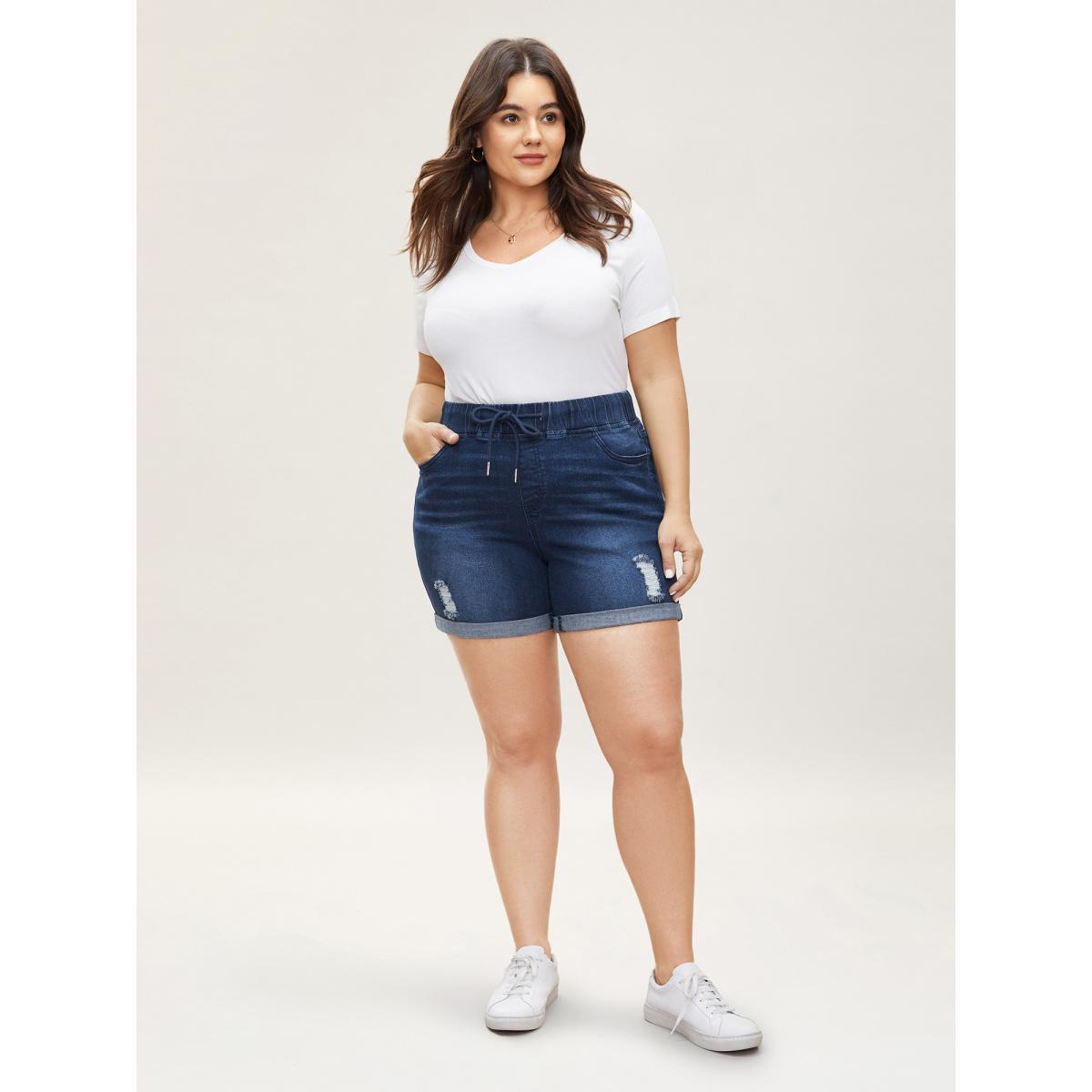 Plus Size Distressed Drawstring Roll Hem Denim Shorts Women Indigo Drawstring High stretch Everyday Slanted pocket Casual Denim Shorts BloomChic 12/L Product Image