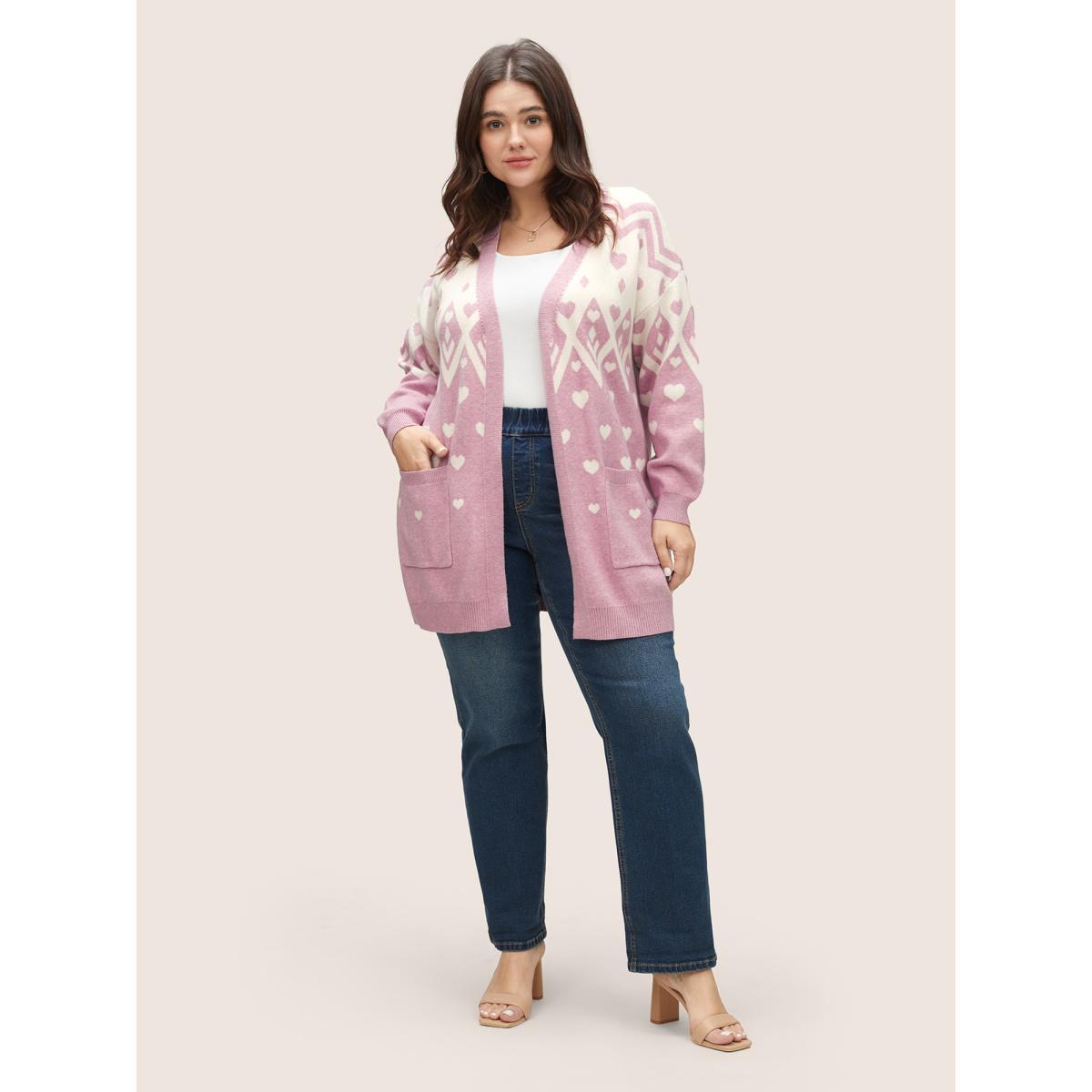 Plus Size Supersoft Essentials Heart Two Tone Pocket Cardigan Pink Women Casual Loose Long Sleeve Dailywear Cardigans BloomChic 28/5X Product Image