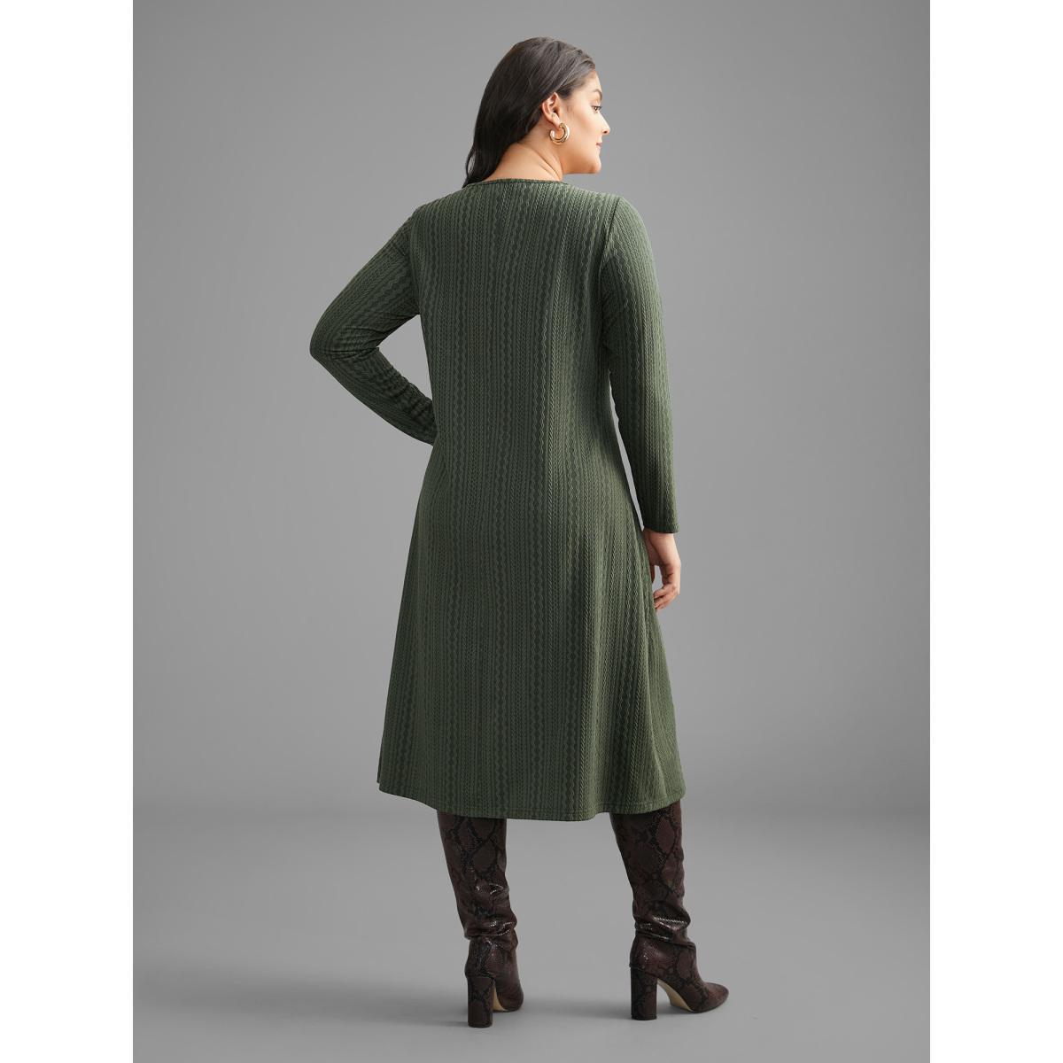 Plus Size Plain Textured Keyhole Knit Dress ArmyGreen Women Casual Texture Knit Dresses Bloomchic 14-16/1X Product Image