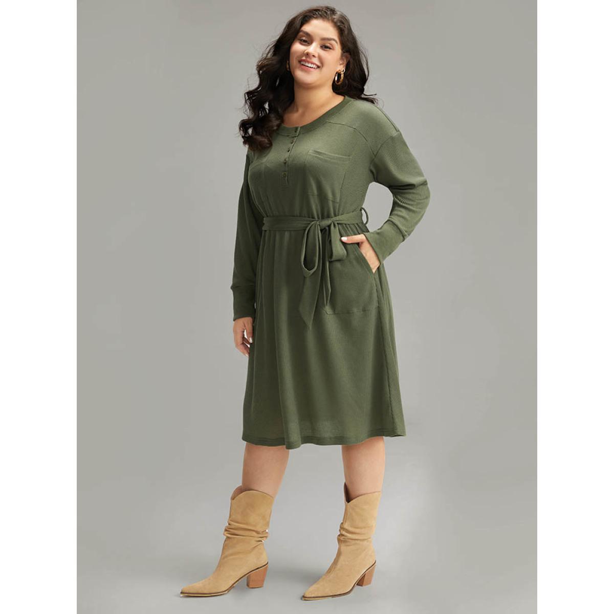 Plus Size Plain Textured Belted Button Up Dress ArmyGreen Women Casual Texture Round Neck Long Sleeve Curvy Midi Dress BloomChic 10/M Product Image