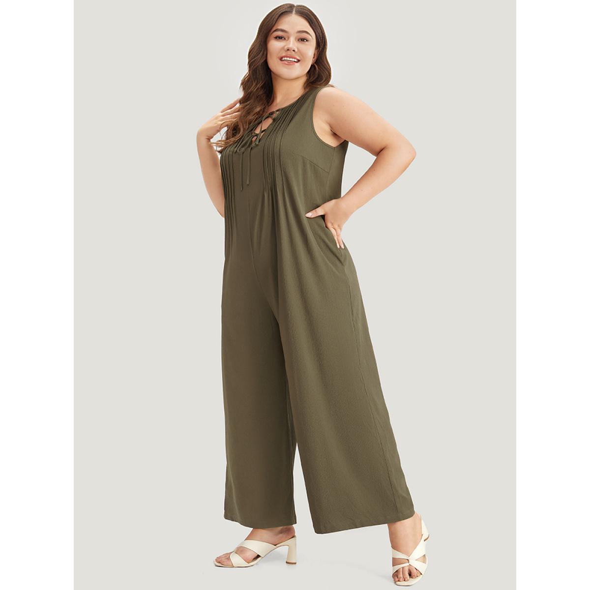 Plus Size Olive Plain Knot Neck Pocket Plicated Detail Tank Jumpsuit Women Casual Sleeveless Tie Neck Dailywear Loose Jumpsuits BloomChic 22-24/3X Product Image