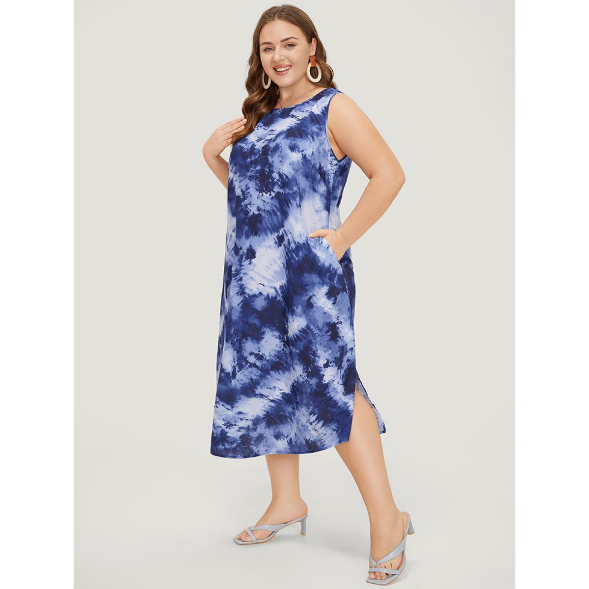 Plus Size Tie Dye Crew Neck Pocket Sleeveless Tank Dress DarkBlue Women Vacation Slit Round Neck Sleeveless Curvy Midi Dress BloomChic 18-20/2X Product Image