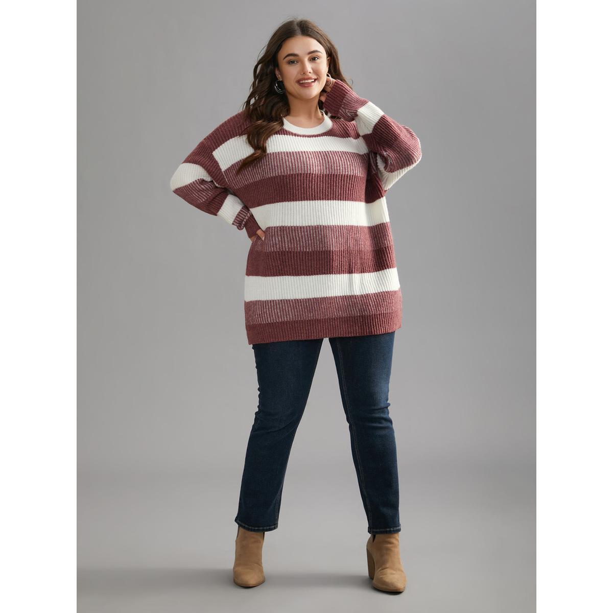 Plus Size Color Block Round Neck Texture Pullover Russet Women Casual Loose Long Sleeve Round Neck Everyday Pullovers BloomChic 22-24/3X Product Image