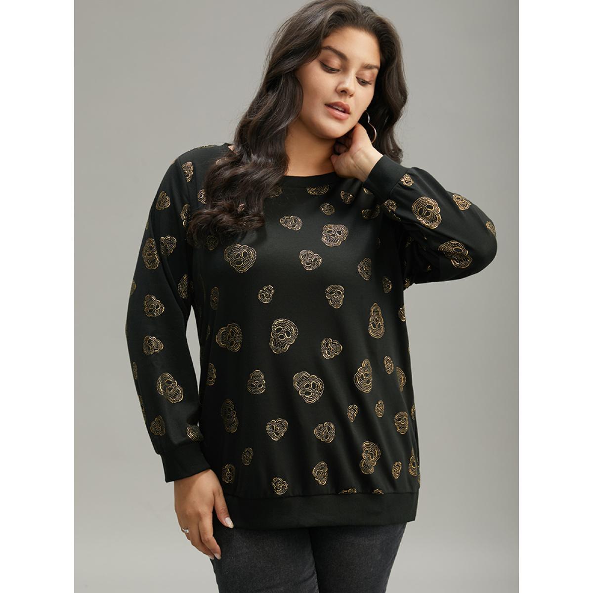 Plus Size Halloween Glitter Skull Print Crew Neck Sweatshirt Women Black Casual Elastic cuffs Round Neck Festival-Halloween Sweatshirts BloomChic 10/M Product Image