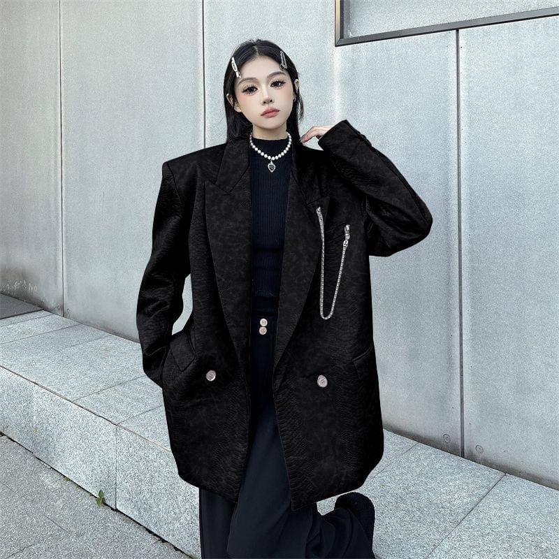 Peak Lapel Crocodile Grain Chained Double-Breasted Blazer Product Image