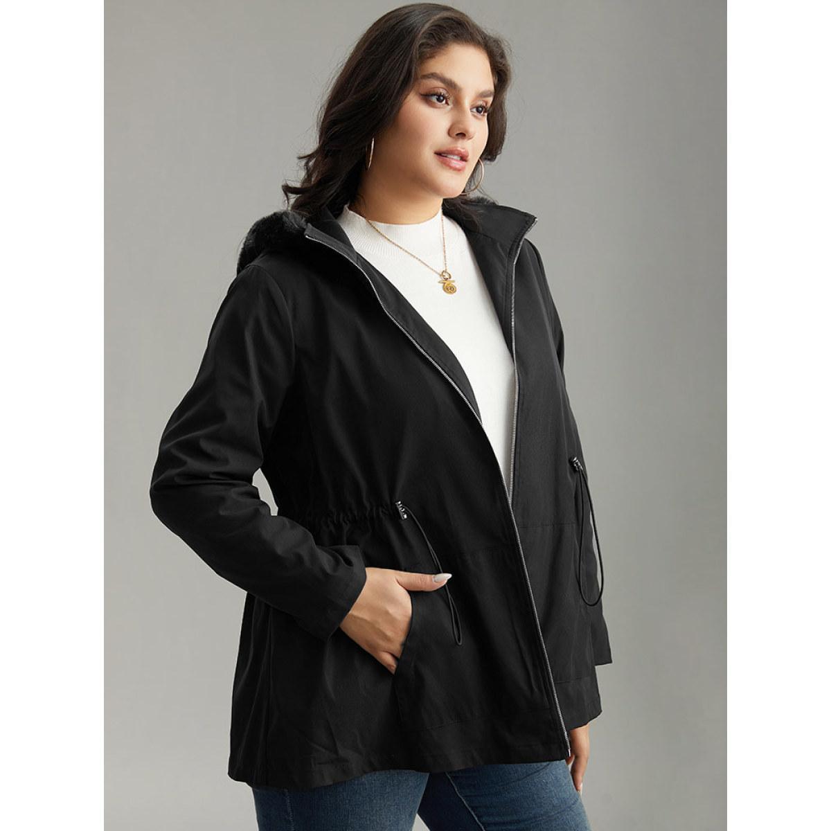 Plus Size Plain Zipper Hooded Pocket Drawstring Coat Women Black Casual Plain Ladies Dailywear Winter Coats BloomChic 26/4X Product Image