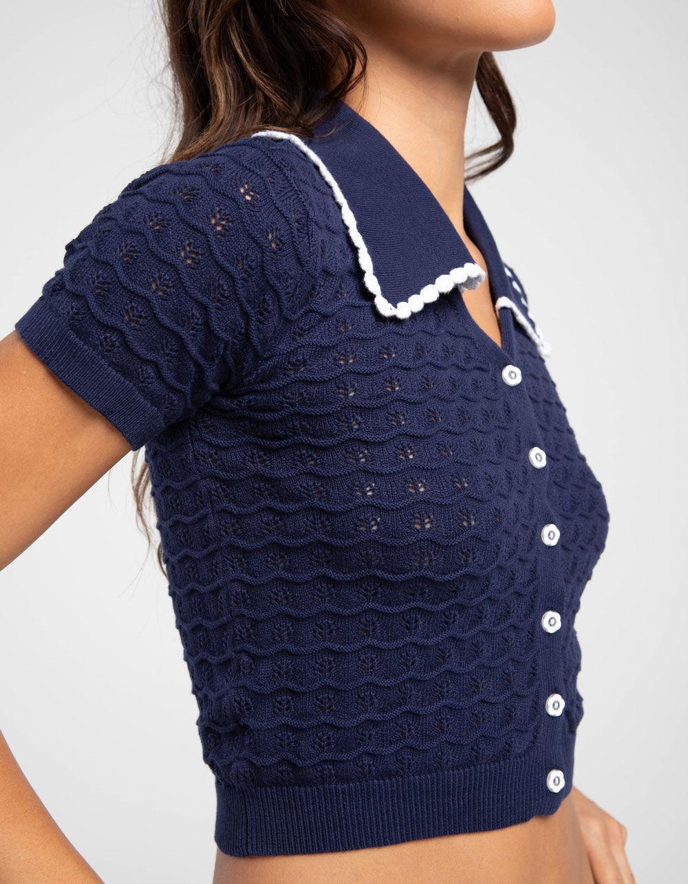 RSQ Womens Pointelle Collared Button Up Shirt - NAVY Product Image