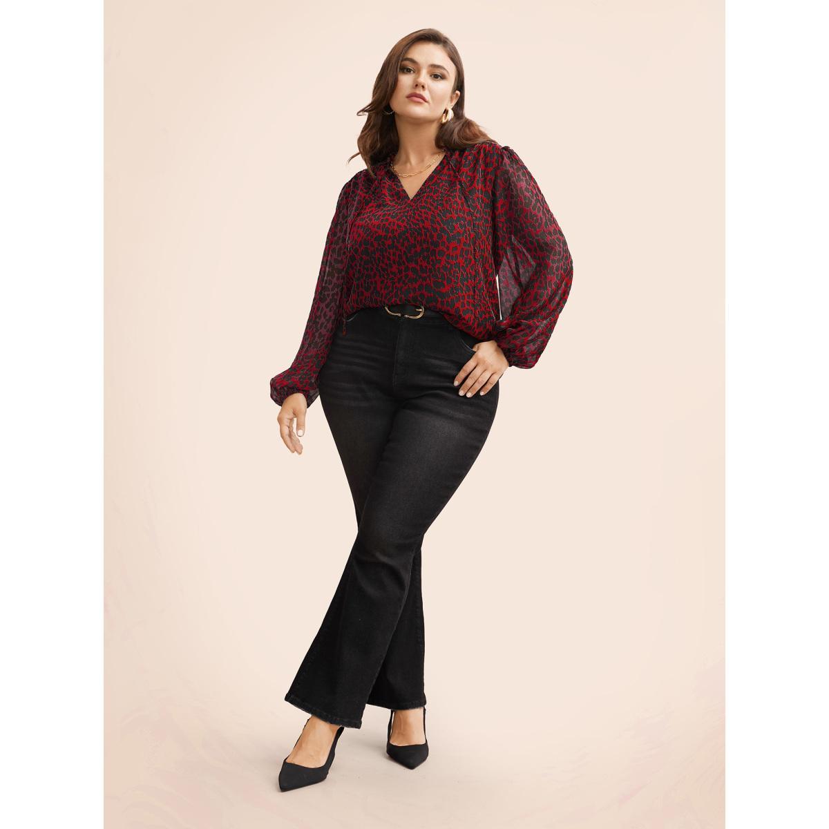 Plus Size Crimson Leopard Print Tie Knot Lantern Sleeve Blouse Women Elegant Long Sleeve V-neck Everyday Blouses BloomChic 26/4X Product Image