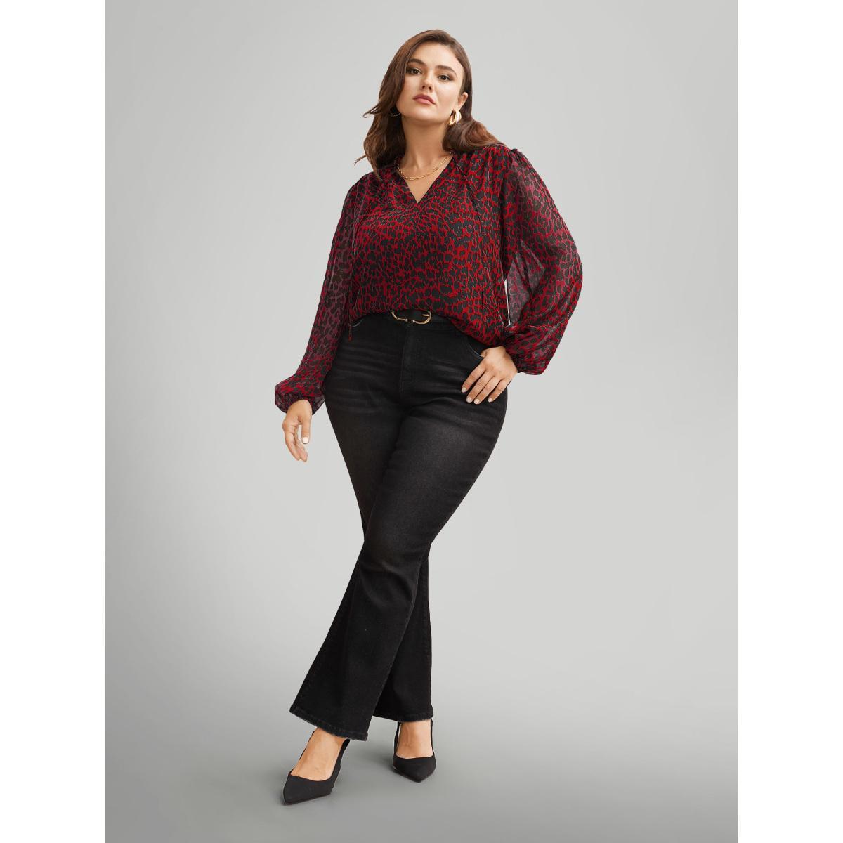 Plus Size Crimson Leopard Print Tie Knot Lantern Sleeve Blouse Women Elegant Long Sleeve V-neck Everyday Blouses BloomChic 26/4X Product Image