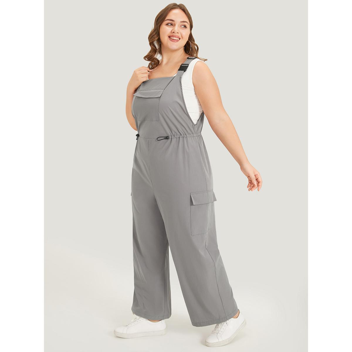 Plus Size Gray Solid Flap Pocket Drawstring Side Overall Jumpsuit Women Casual Sleeveless Spaghetti Strap Dailywear Loose Jumpsuits BloomChic 28/5X Product Image