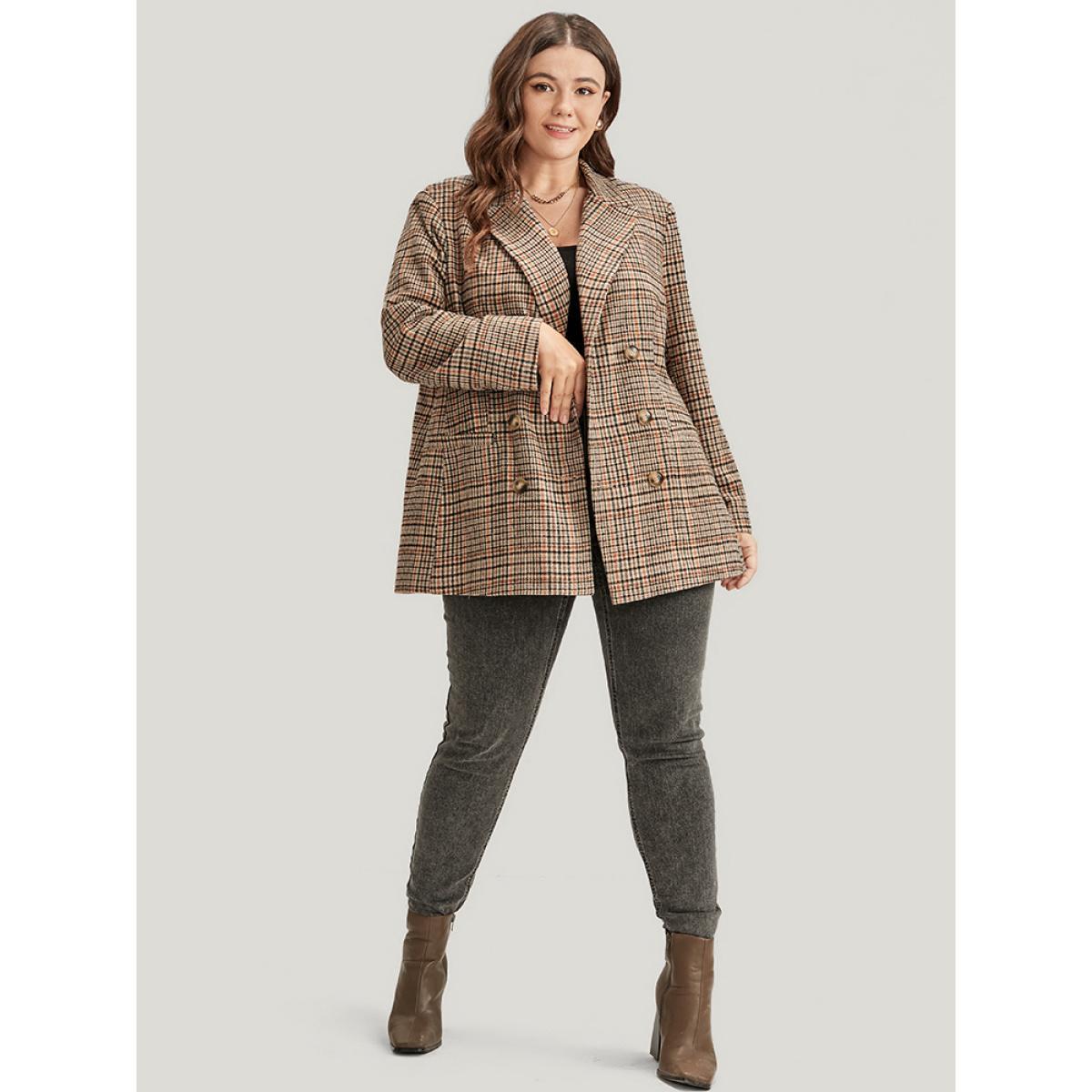 Plus Size Tartan Suit Collar Button Up Pocket Blazer LightBrown Women Work Plaid Button Sleeve Long Sleeve Lapel Collar 26/4X Pocket Office Blazers BloomChic Product Image