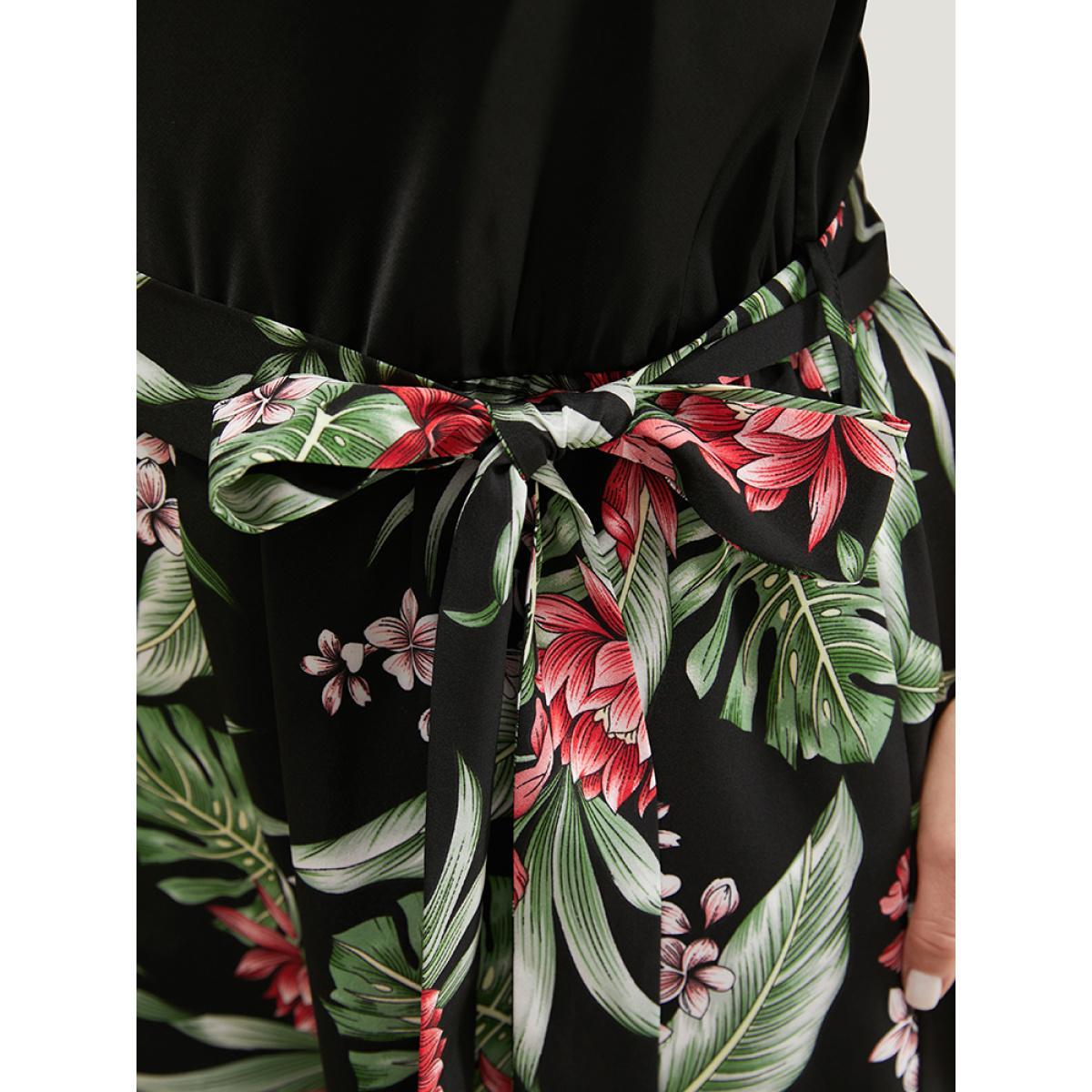 Plus Size Black Tropical Patchwork Cowl Neck Pocket Belted Cami Jumpsuit Women Vacation Sleeveless Cowl Neck Dailywear Loose Jumpsuits BloomChic 30/6X Product Image
