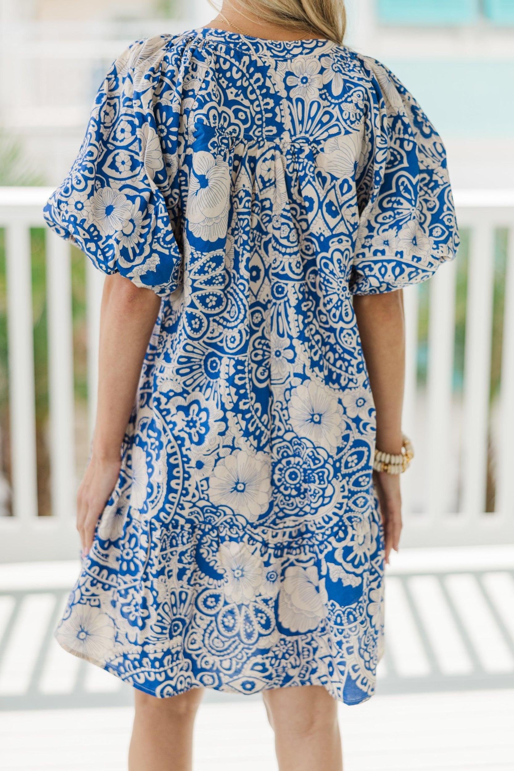 There You Go Blue Floral Bubble Sleeve Dress Female Product Image