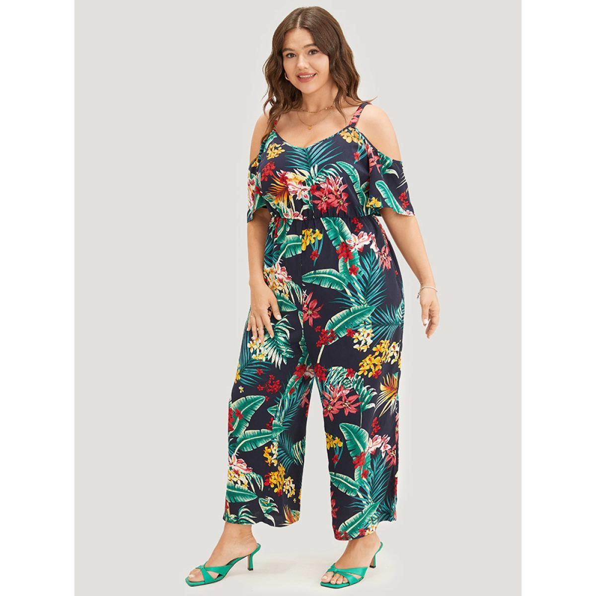Plus Size Navy Tropical Print Pocket Cold Shoulder Jumpsuit Women Vacation Short sleeve Cold Shoulder Dailywear Loose Jumpsuits BloomChic 10/M Product Image