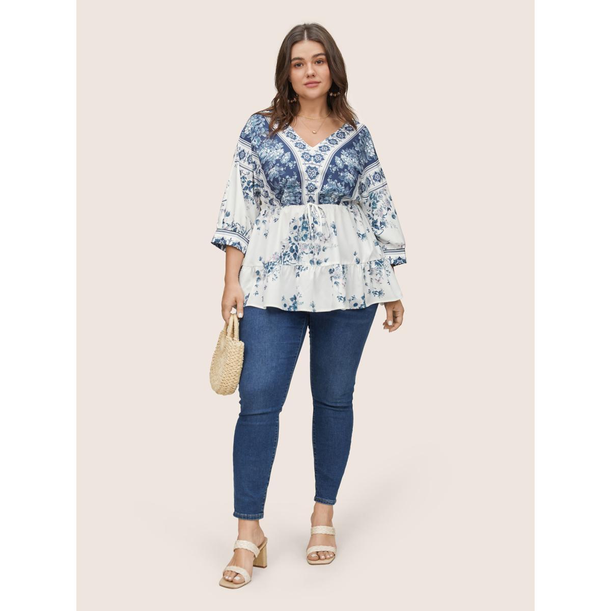 Plus Size Stone Boho Print Elastic Waist Ties Gathered Blouse Women Resort Elbow-length sleeve V-neck Vacation Blouses BloomChic 18-20/2X Product Image