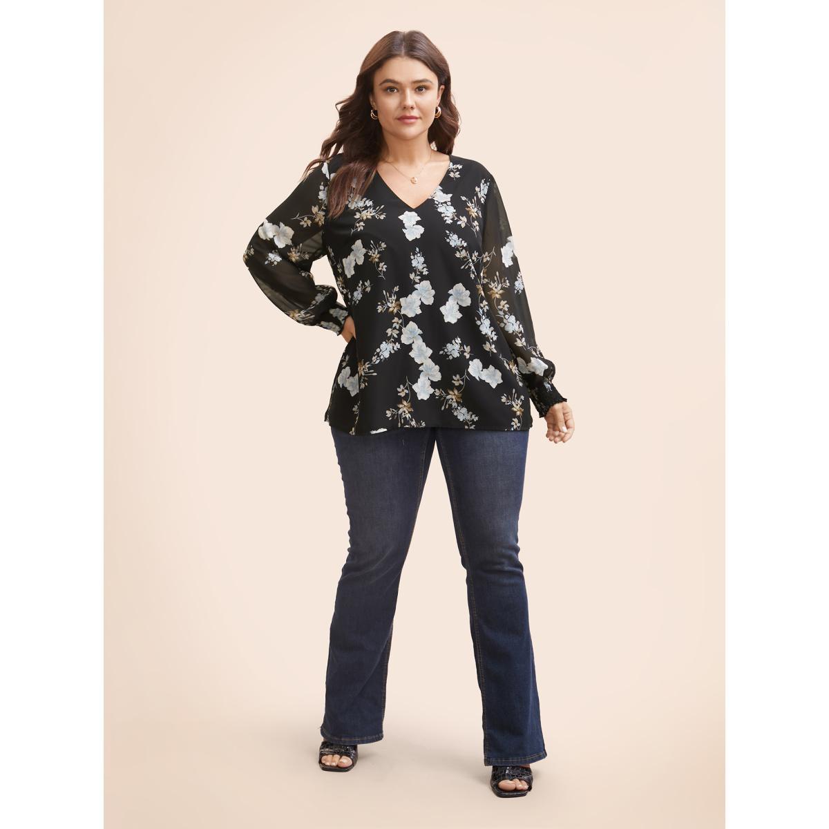 Plus Size Black Floral Chiffon Shirred Lantern Sleeve Blouse Women Elegant Long Sleeve V-neck Everyday Blouses BloomChic 28/5X Product Image