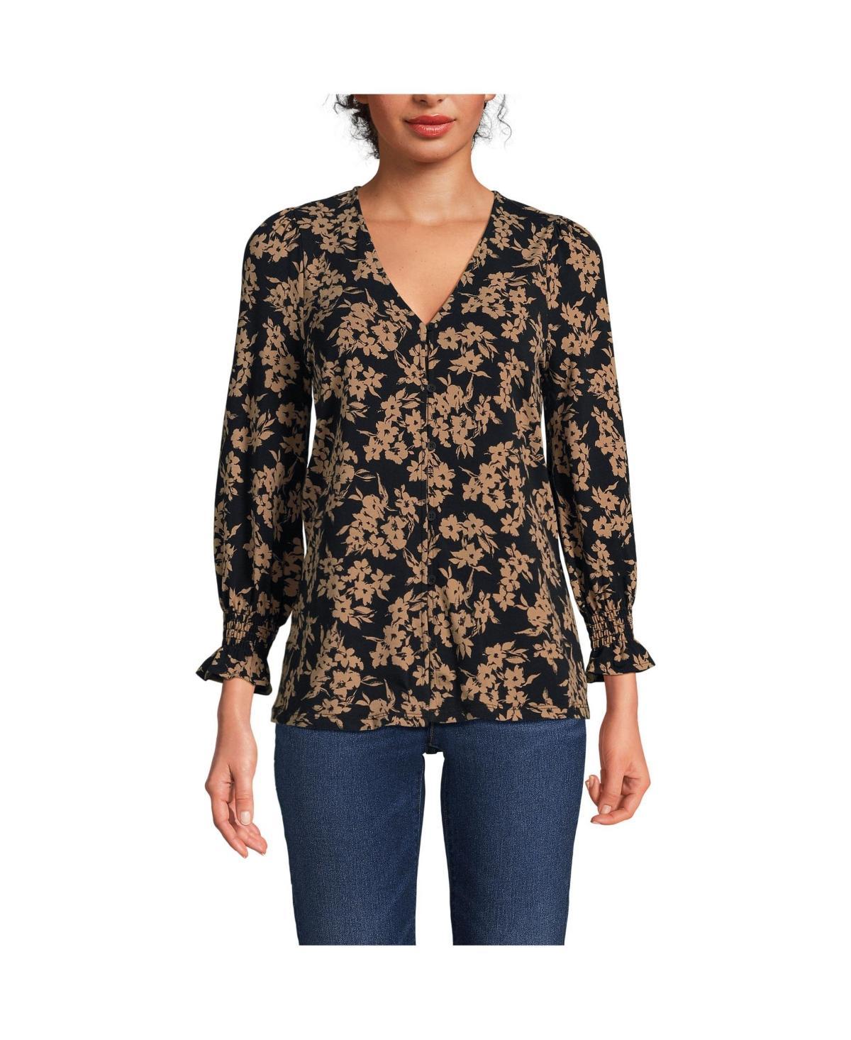 Women's Lands' End 3/4 Sleeve Lightweight Jersey Button Front Top, Size: Large, Spiced Rhubarb Product Image