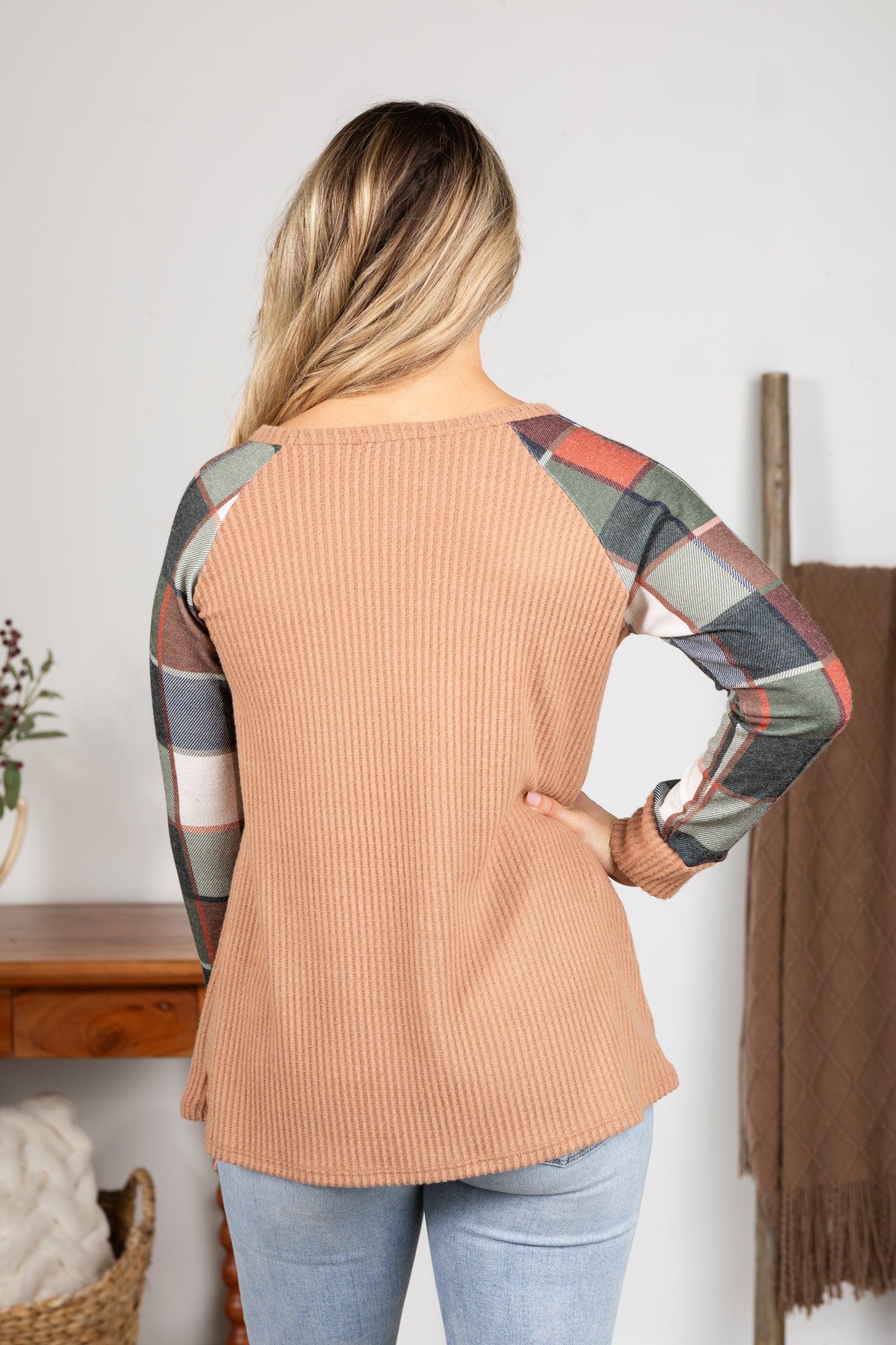 Waffle And Plaid Knit Top With Pocket Product Image