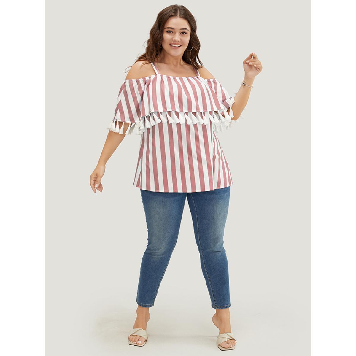 Plus Size DustyPink Striped Print Tassels Trim Cold Shoulder Blouse Women Vacation Sleeveless Cold Shoulder Dailywear Blouses BloomChic 10/M Product Image