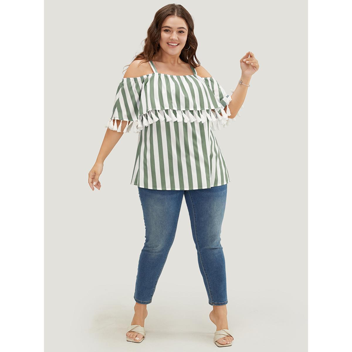 Plus Size Mint Striped Print Tassels Trim Cold Shoulder Blouse Women Vacation Sleeveless Cold Shoulder Dailywear Blouses BloomChic 28/5X Product Image