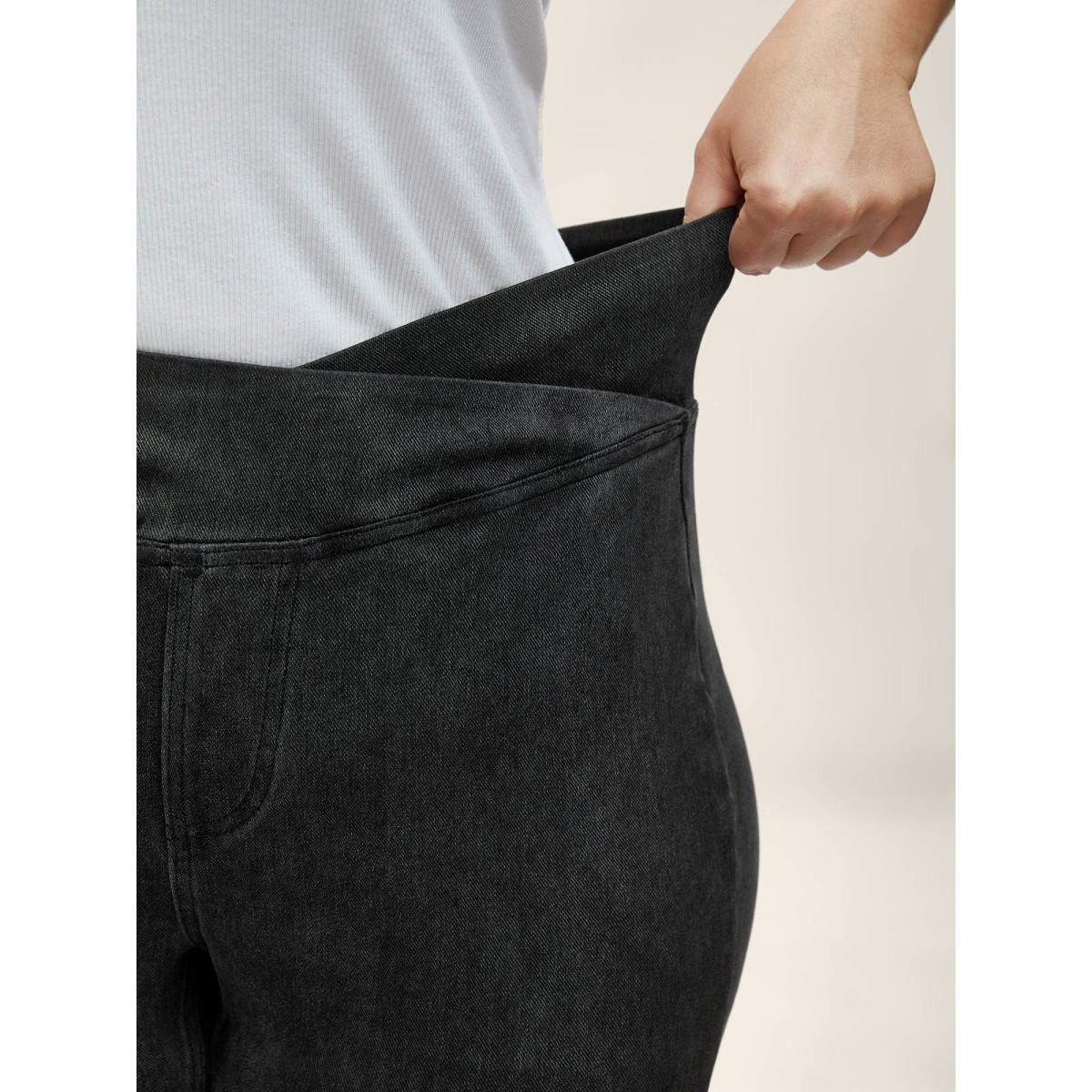 Plus Size Overlap Waist Stretchy Knit Bootcut Jeans Women Denimblack Casual Medium stretch Slanted pocket Jeans BloomChic 24/3X Product Image