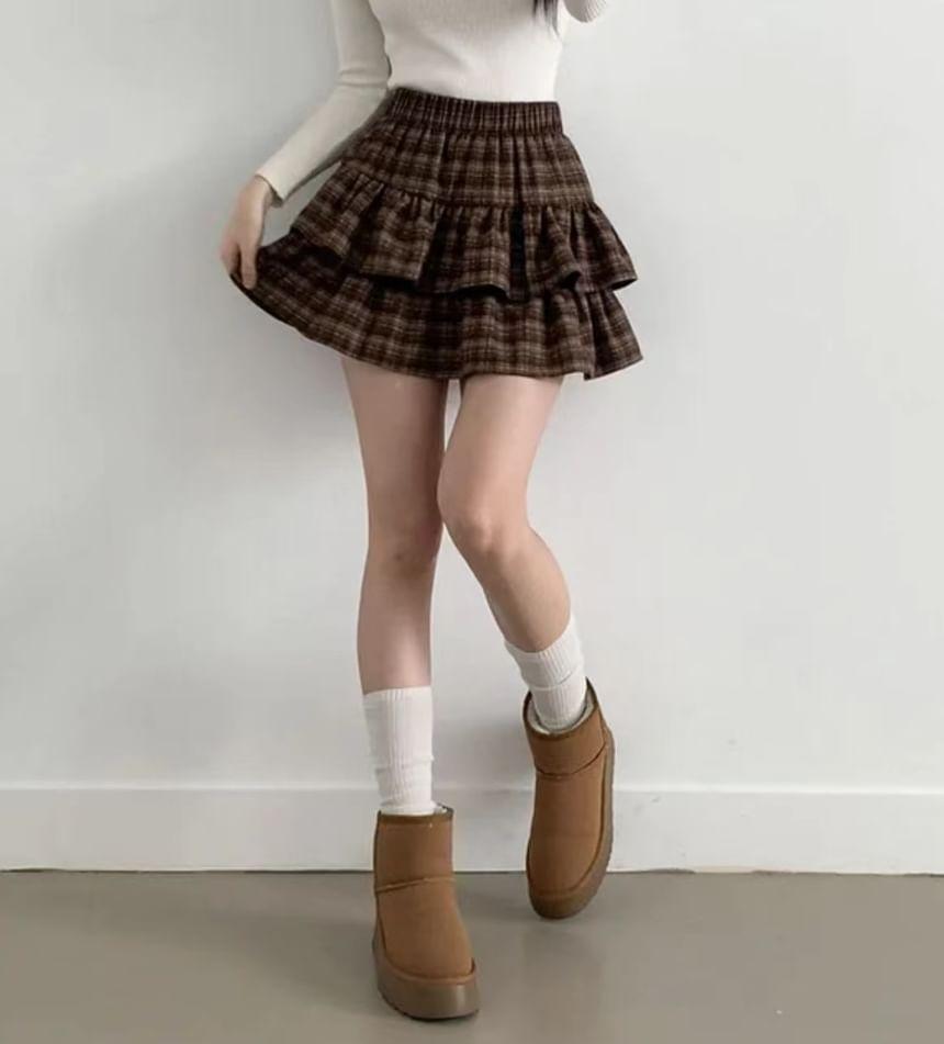 High Waist Plaid Ruffle Hem Tiered Skirt Product Image