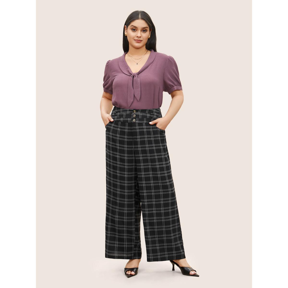 Plus Size Plaid Button Detail Slanted Pocket Wide Leg Pants Women Black At the Office Wide Leg High Rise Work Pants BloomChic 18-20/2X Product Image