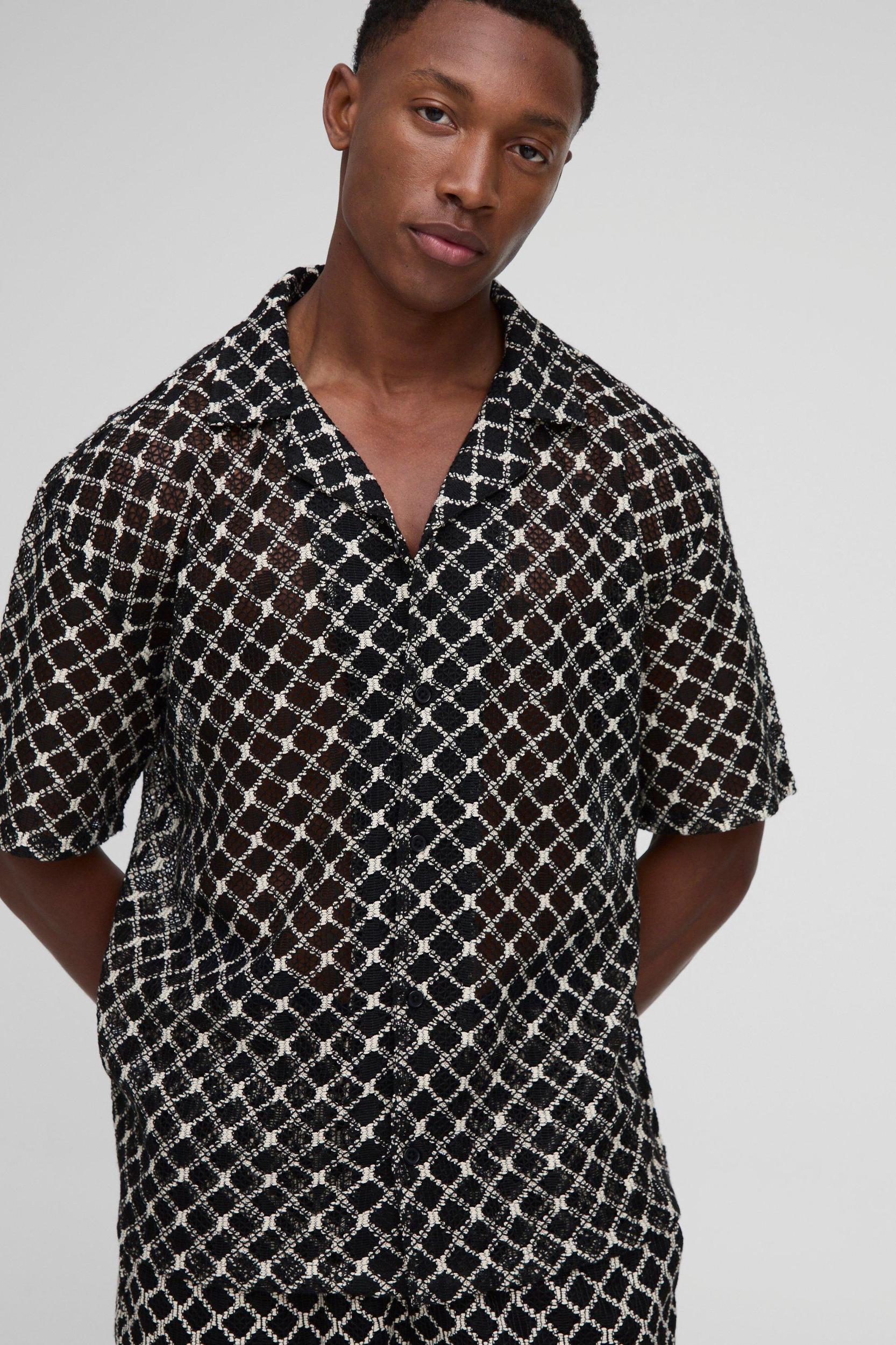 Oversized Crochet Stripe Revere Shirt & Relaxed Pants Set | boohooMAN USA Product Image