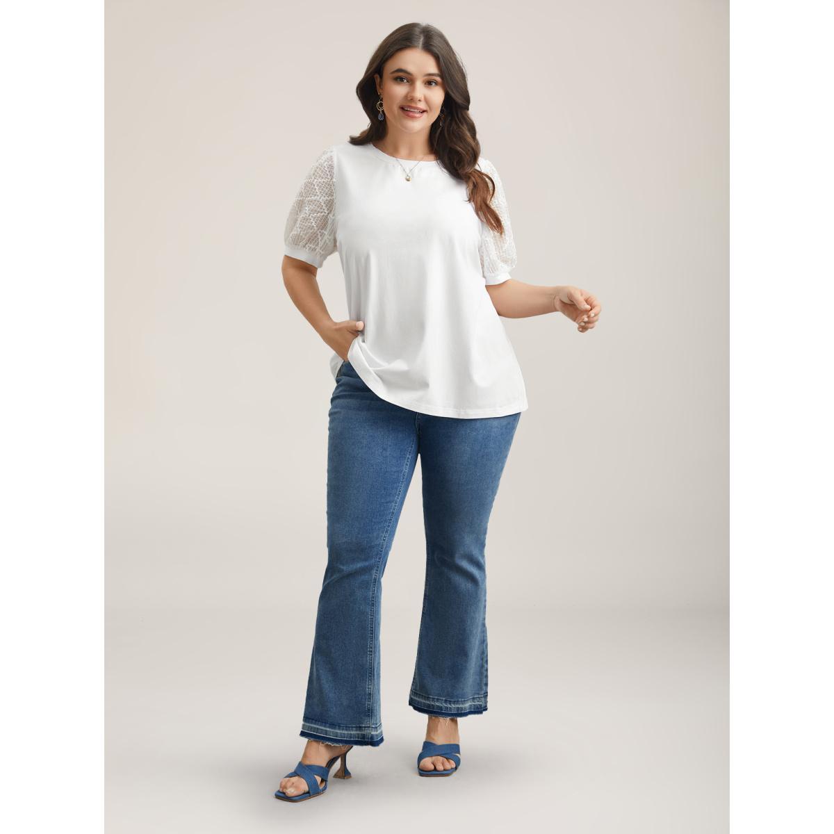 Plus Size Textured Bubble Lantern Sleeve T-Shirt Originalwhite Women Elegant Texture Round Neck Everyday T-shirts BloomChic 18-20/2X Product Image
