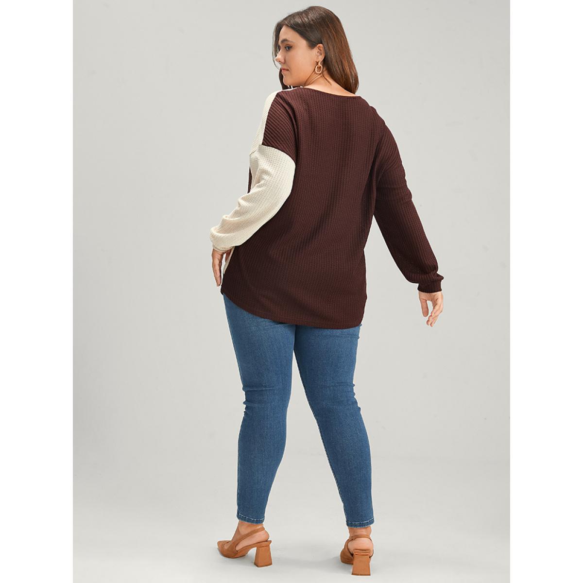 Plus Size Colorblock Contrast V Neck Waffle Knit Sweatshirt Women Burgundy Elegant Patchwork V-neck Dailywear Sweatshirts BloomChic 28/5X Product Image