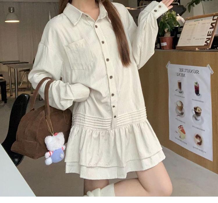 Long-Sleeve Striped Layered Ruffle Hem Half-Buttoned Mini Shirt Dress Product Image
