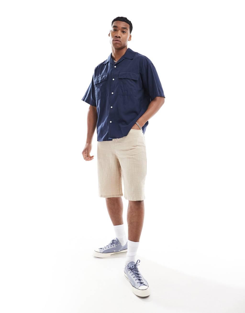 Jack & Jones oversized utility pocket linen shirt in navy Product Image