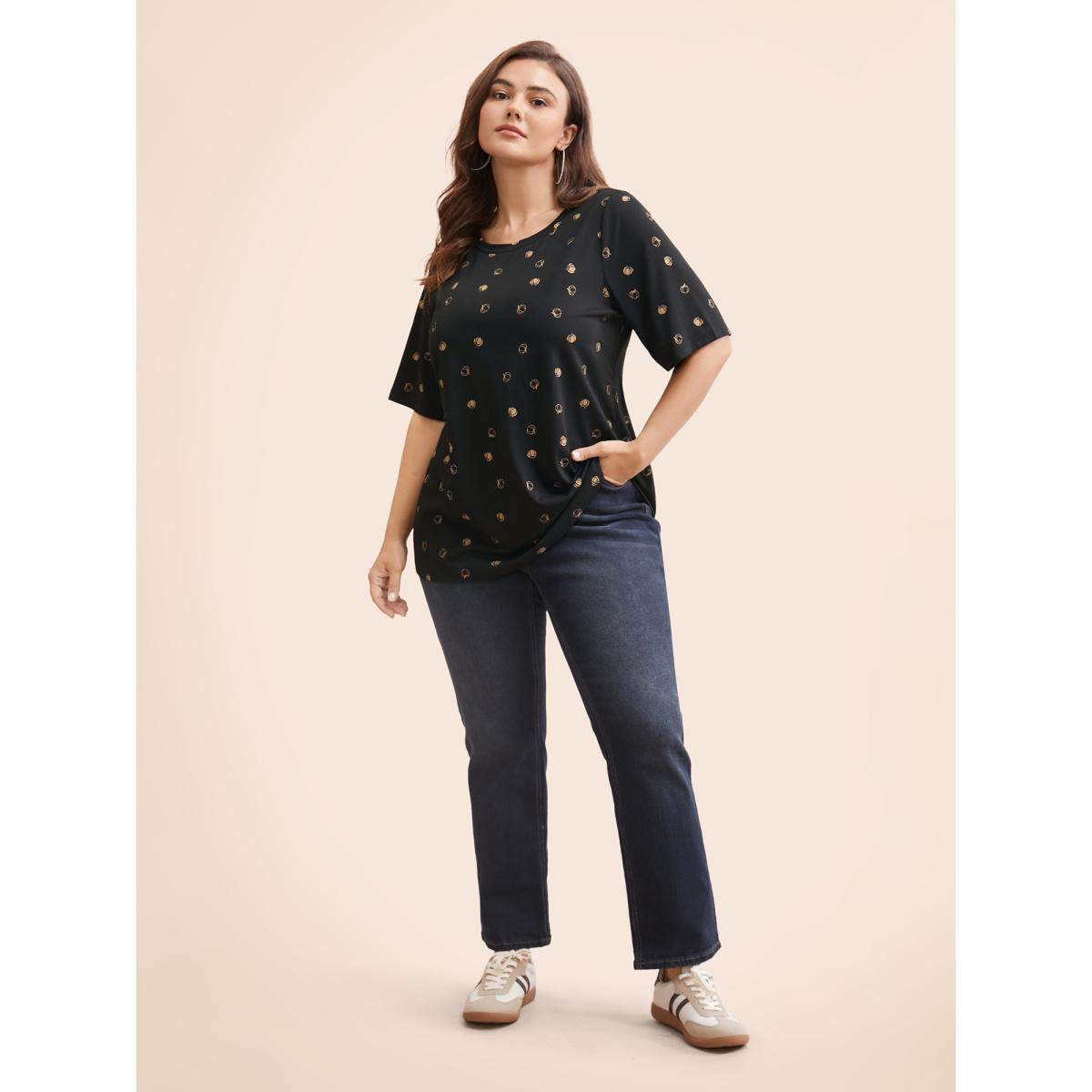 Plus Size Halloween Pumpkin Print Crew Neck T-shirt Black Women Casual Printed Graphic-Halloween Round Neck Festival-Halloween T-shirts BloomChic 18-20/2X Product Image