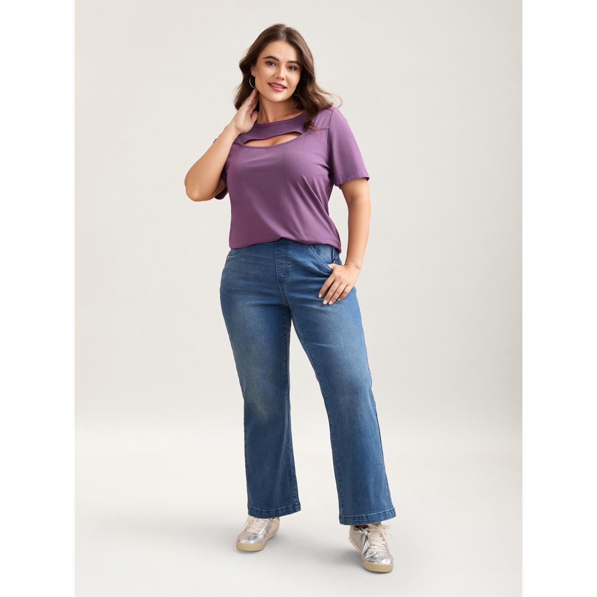 Plus Size Cotton Flirty Cutout Curvy T-Shirt Mauve Women Casual Cut-Out Round Neck Everyday T-shirts BloomChic 22-24/3X Product Image