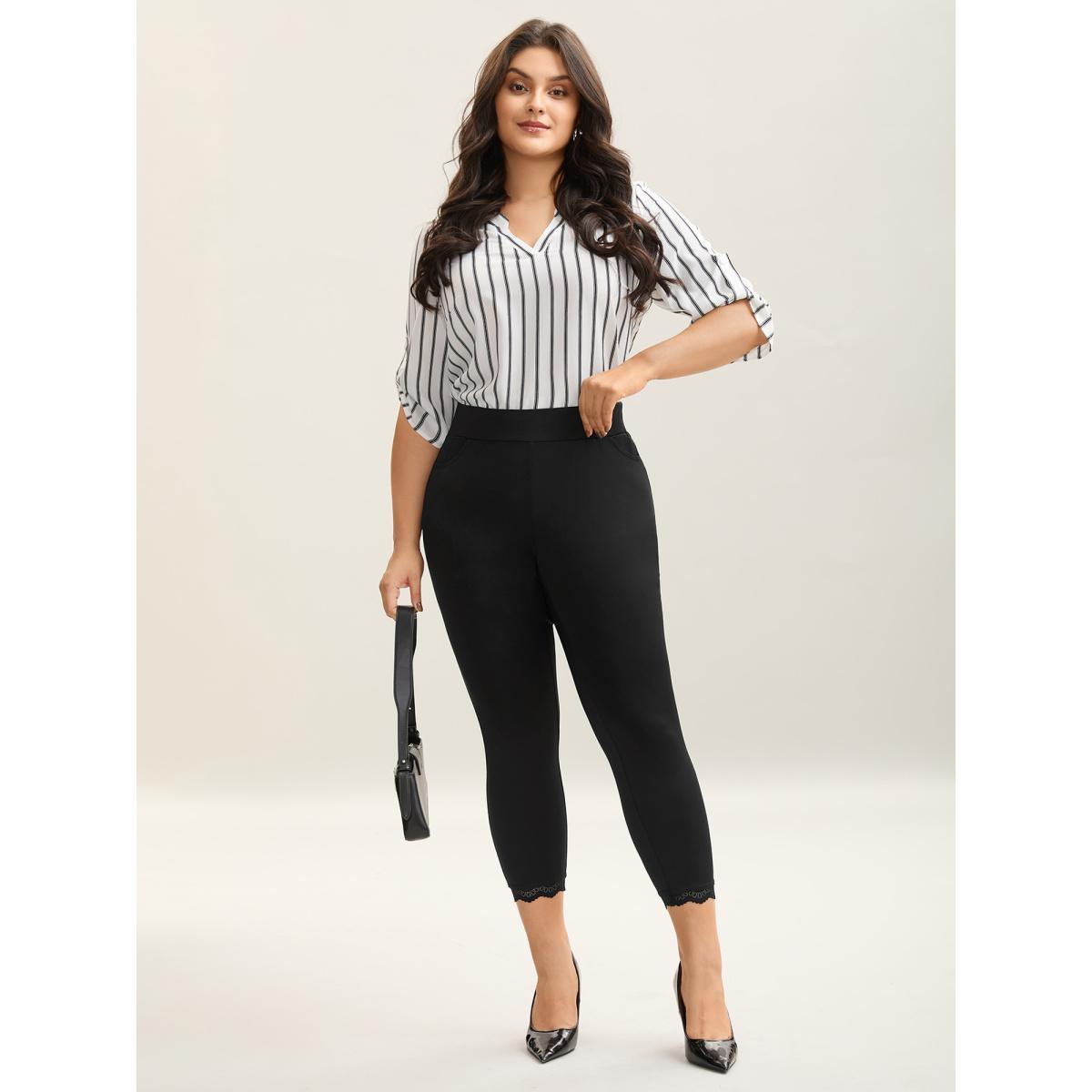 Plus Size Lace Detail Pull-On Slim-Fit Pants Women Black Elegant Skinny Mid Rise Everyday Pants BloomChic 30/6X Product Image