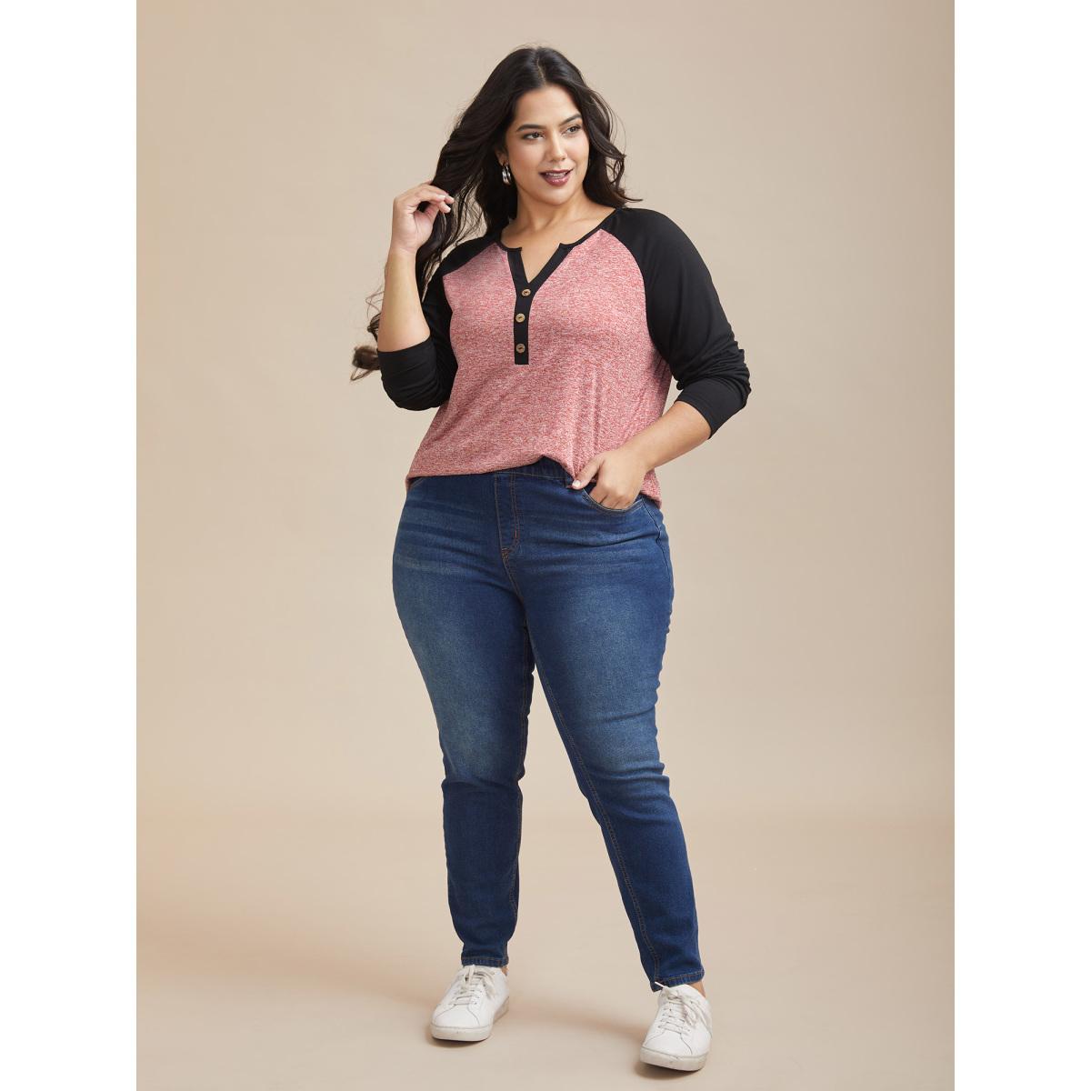 Plus Size Heather Patchwork Button Detail Stretchy T-Shirt Scarlet Women Casual Contrast Flat collar with V-notch Everyday T-shirts BloomChic 28/5X Product Image
