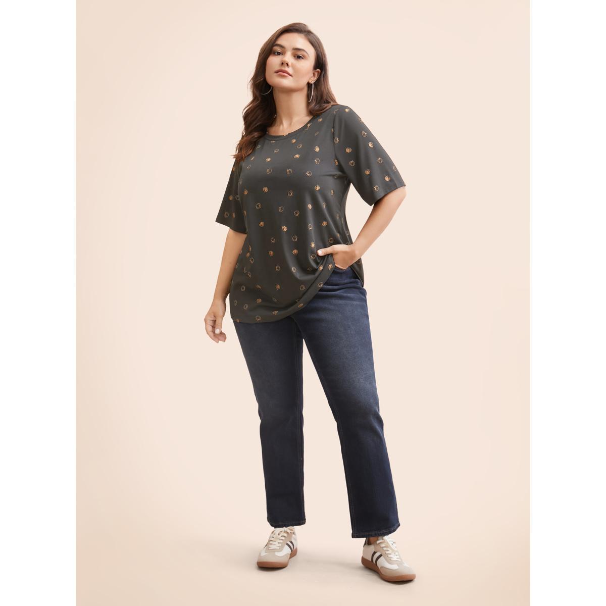 Plus Size Halloween Pumpkin Print Crew Neck T-shirt DimGray Women Casual Printed Graphic-Halloween Round Neck Festival-Halloween T-shirts BloomChic 22-24/3X Product Image