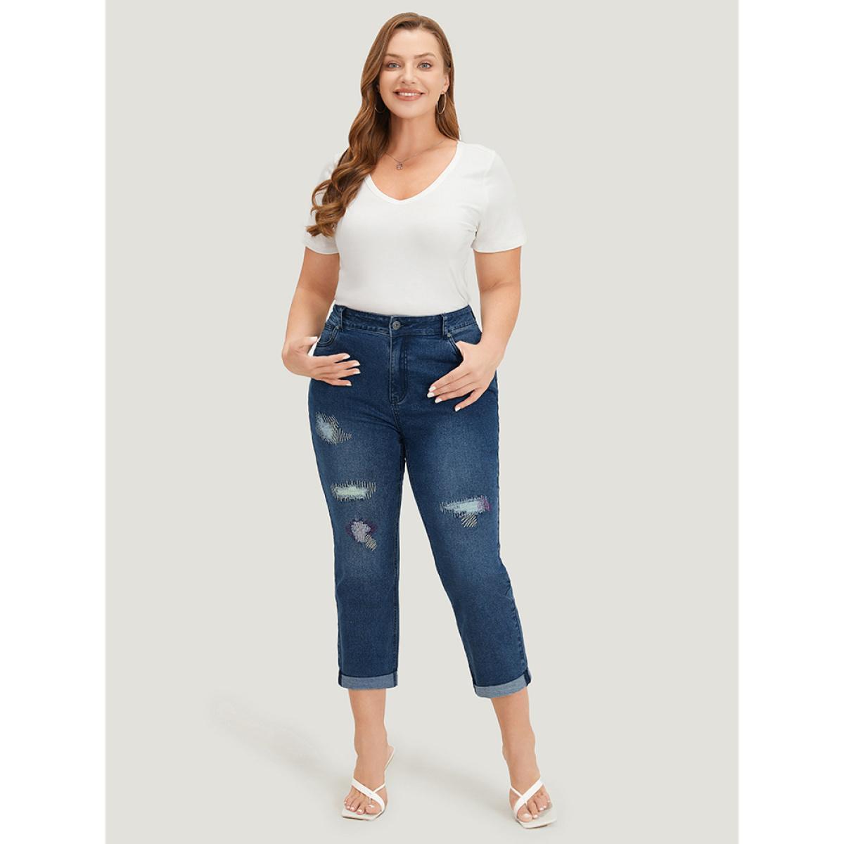 Plus Size Ripped Embroidered Roll Hem Very Stretchy Jeans Women Stone Casual Plain Distressed High stretch Pocket Jeans BloomChic 26/4X Product Image
