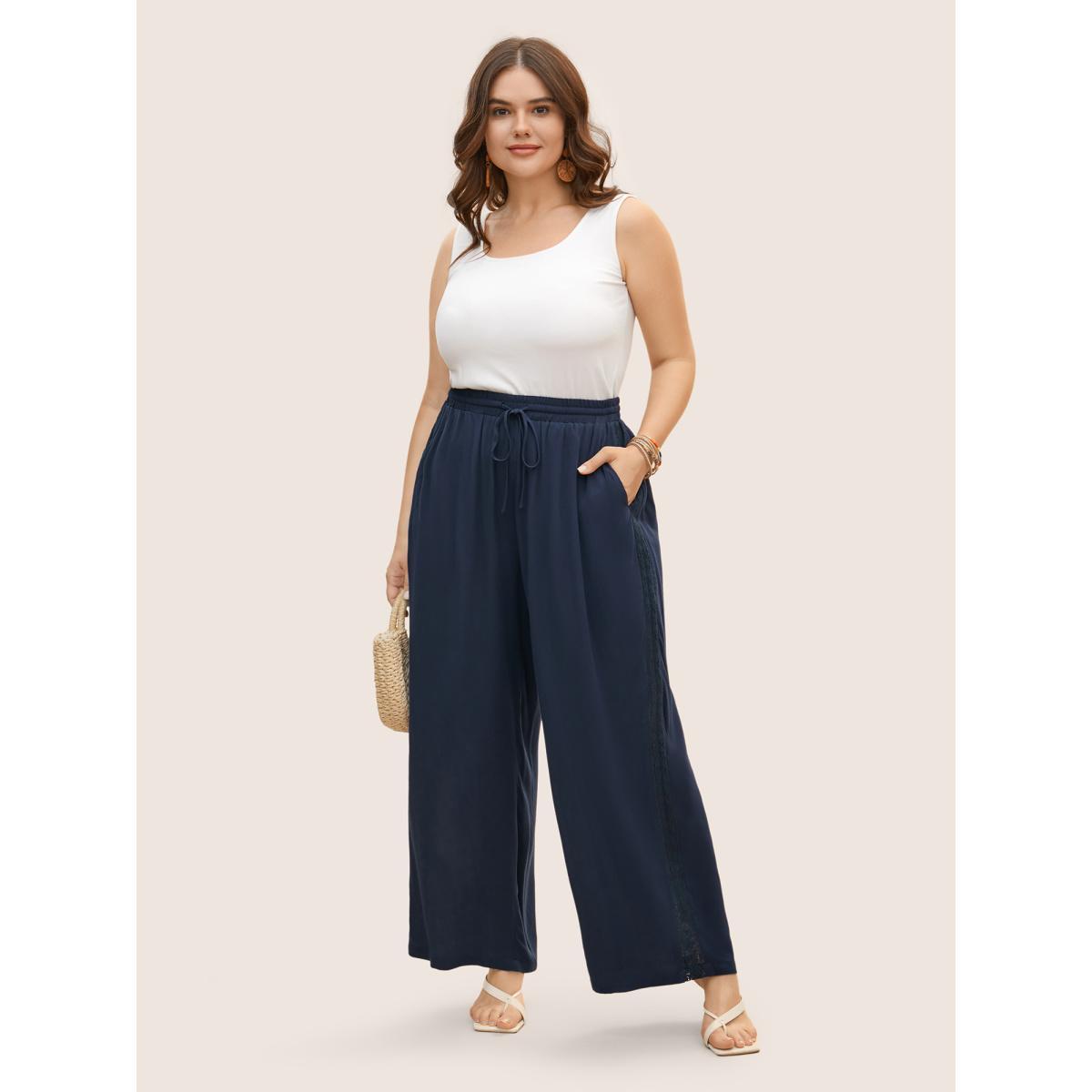 Plus Size Solid Lace Patchwork Elastic Waist Wide Leg Pants Women Aegean Resort Wide Leg Mid Rise Vacation Pants BloomChic 14-16/1X Product Image