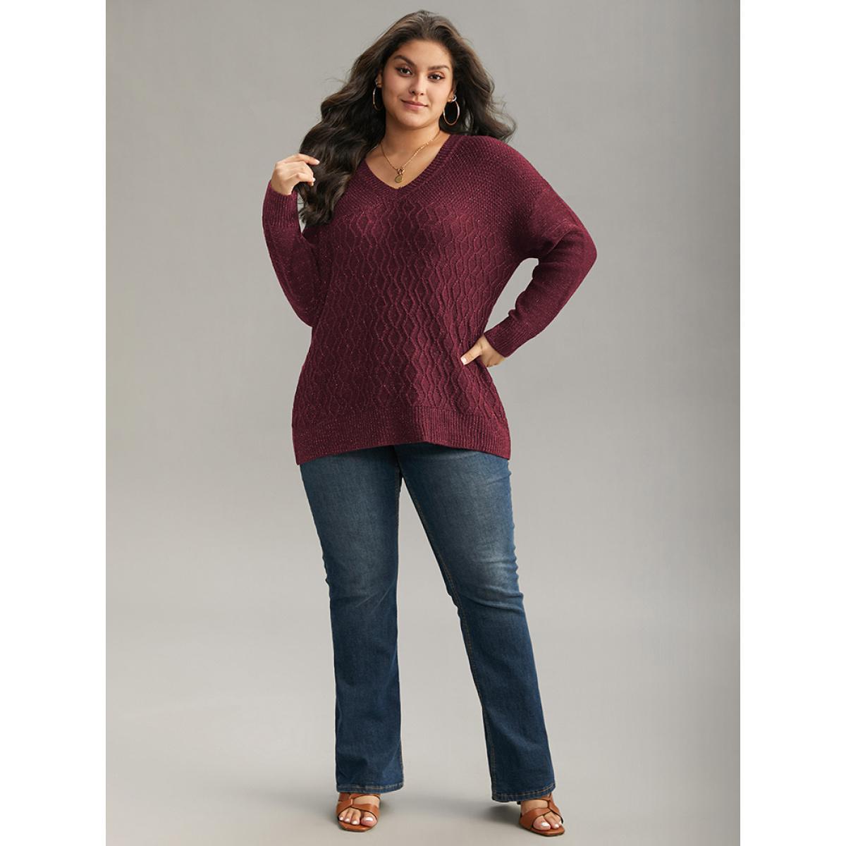 Plus Size Plain Sparkly V Neck Loose Pullover Scarlet Women Casual Long Sleeve V-neck Everyday Pullovers BloomChic 14-16/1X Product Image