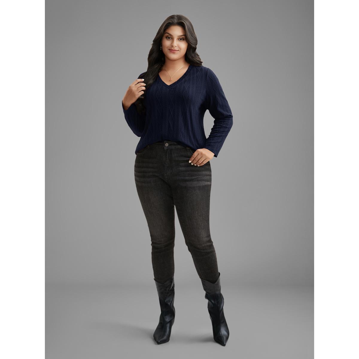 Plus Size V-neck Cable Knit Slim-Fit Tee Indigo Women Casual Texture V-neck Everyday T-shirts BloomChic 30/6X Product Image