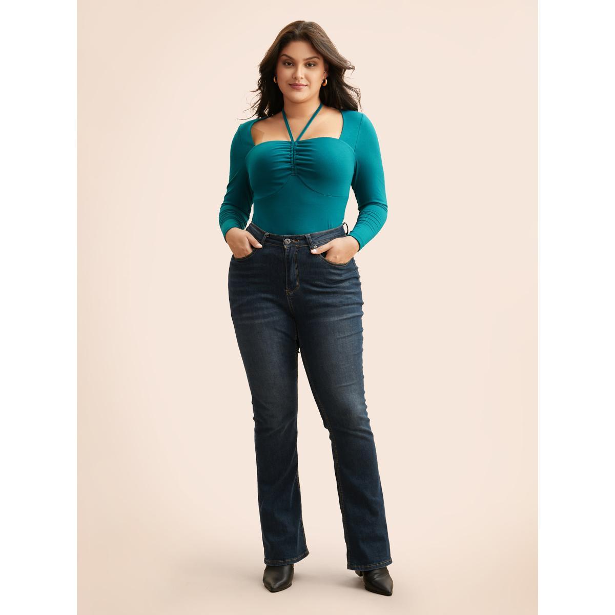 Plus Size Solid Ruched Tie Knot T-shirt Aegean Women Elegant Tie knot Asymmetrical Neck Skinny Everyday T-shirts BloomChic 18-20/2X Product Image