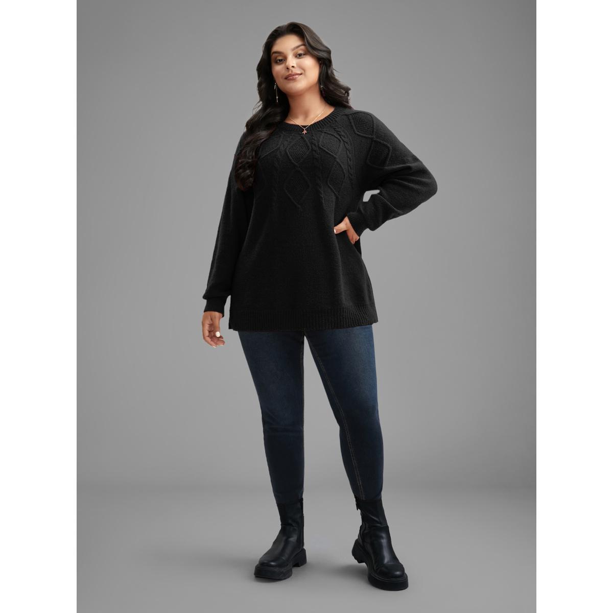 Plus Size Cable Knit Bodice Crew-Neck Pullover Black Women Casual Loose Long Sleeve Round Neck Everyday Pullovers BloomChic 28/5X Product Image