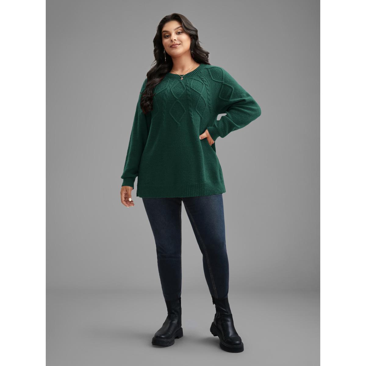 Plus Size Cable Knit Bodice Crew-Neck Pullover DarkGreen Women Casual Loose Long Sleeve Round Neck Everyday Pullovers BloomChic 10/M Product Image